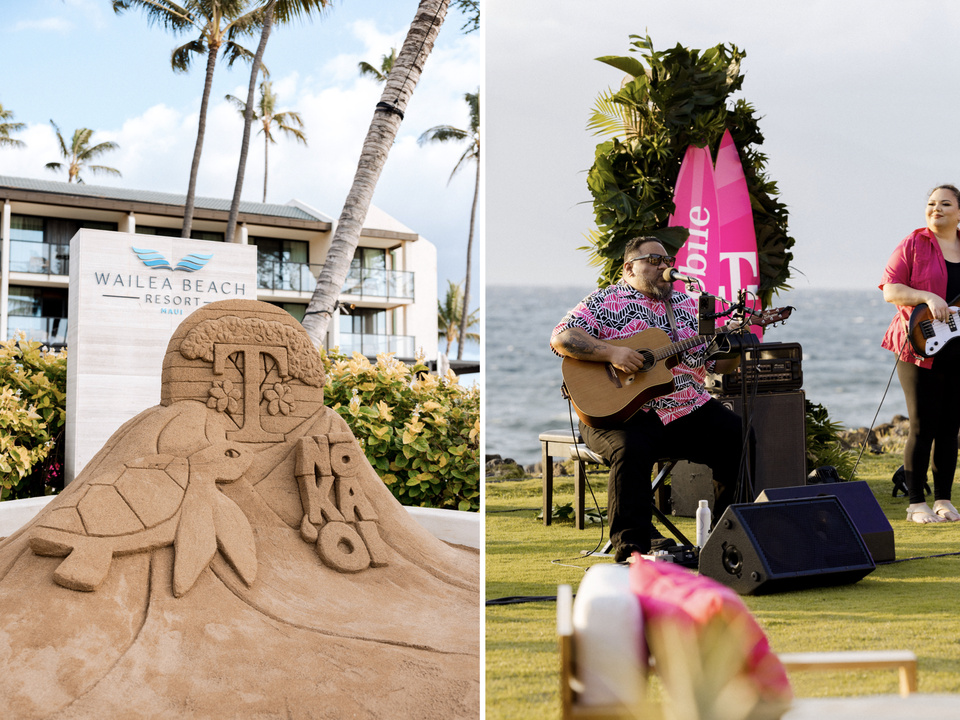 2 side by side images. Image 1: Sand sculpture including the T-Mobile logo. Image 2: Musician seated in front of an ocean landscape playing a guitar in front of T-Mobile surfboards