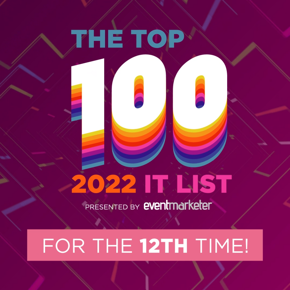 Graphic on a plum background with text reading: The top 100 2022 it list presented by EventMarketer for the 12th time!