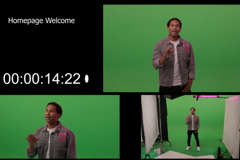 Four photos: First photo is a black screen reading "Homepage Welcome" with a timer at 14:22. Remaining 3 photos are DJ Aaron Smalls standing in front of a green screen at varying angles and speaking to the camera.