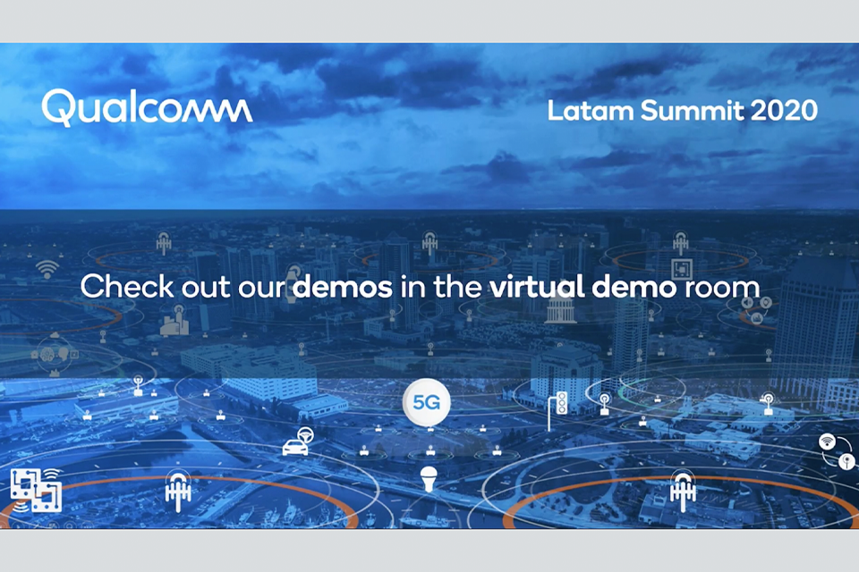 Graphic of virtual Qualcomm event map with on Image text reading "Latam Summit 2020: Check out our demos in the virtual demo room"