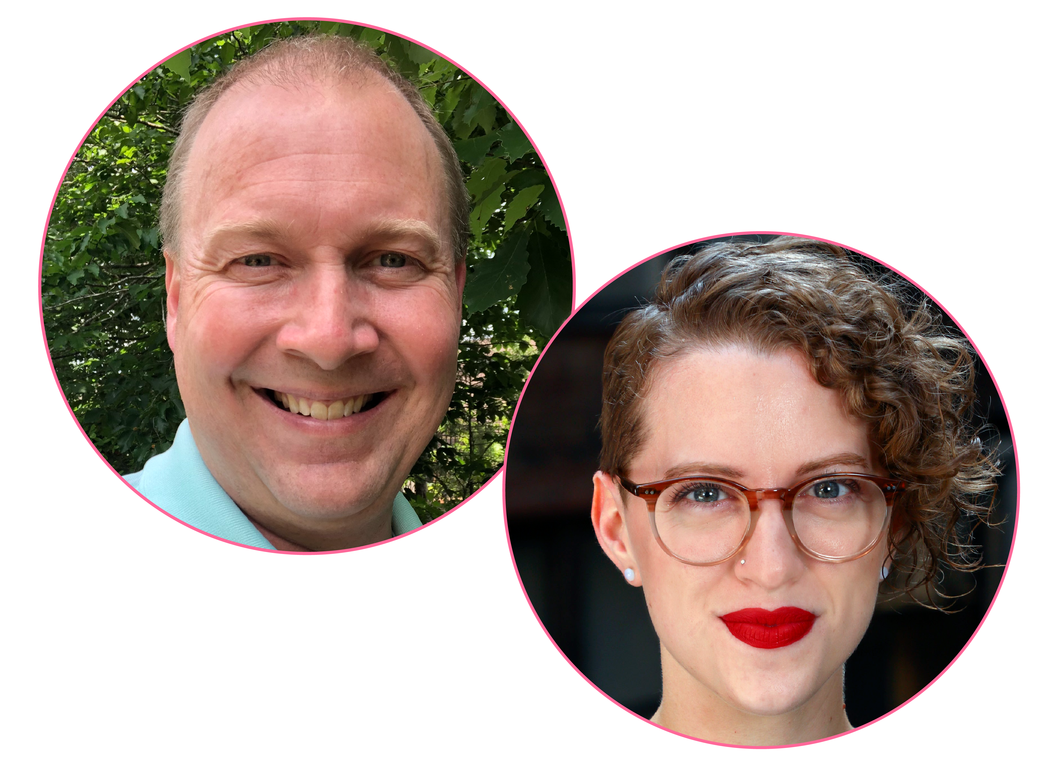Headshots of Bethany Potter & Michael Thompson in pink circles