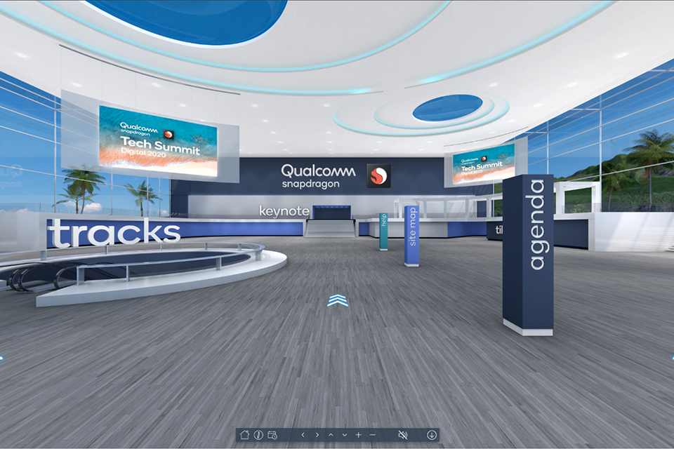 Virtual Qualcomm event lobby with arrows pointing to different event options. Virtual screen reads "Qualcomm Tech Summit Digital 2020"