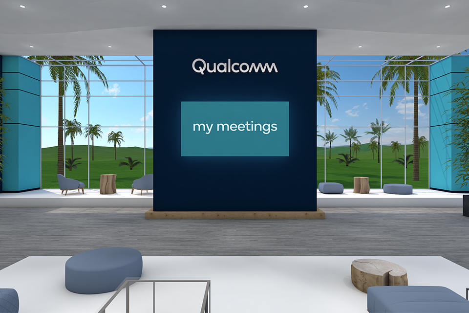 Virtual Qualcomm event room with screen that reads "my meetings"