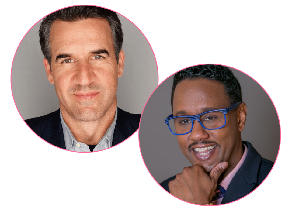 Photo of 2 separate men's headshots in pink circles