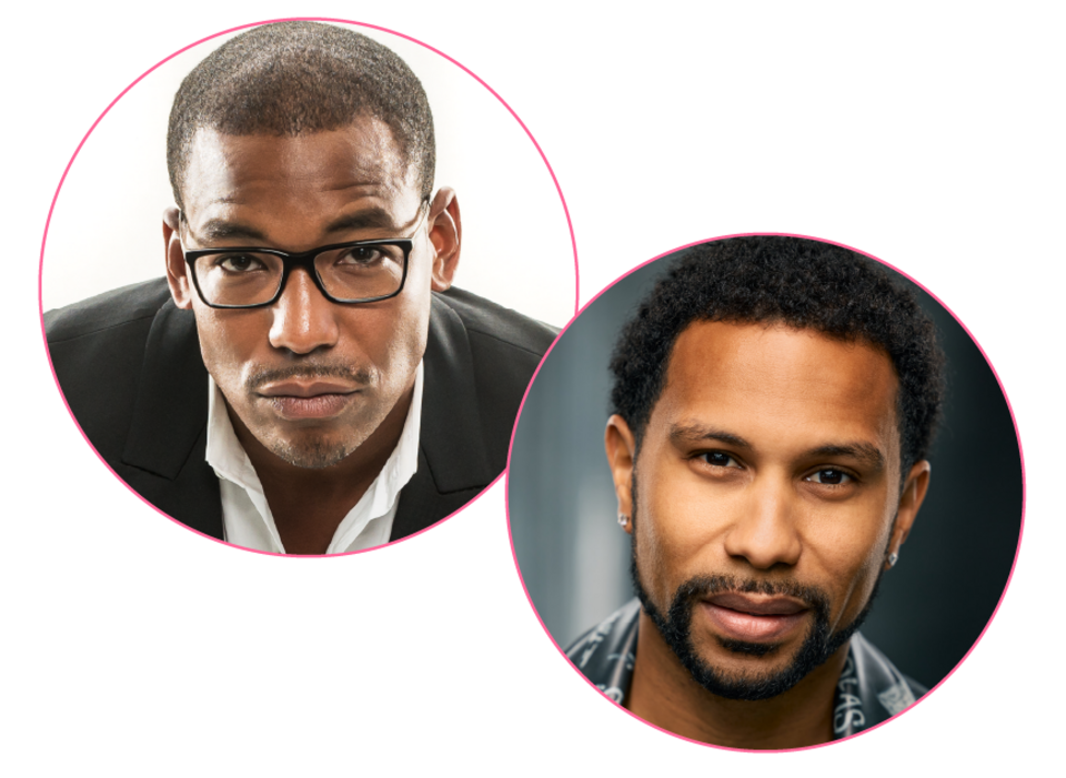 Photo of 2 guests's headshots in pink circles