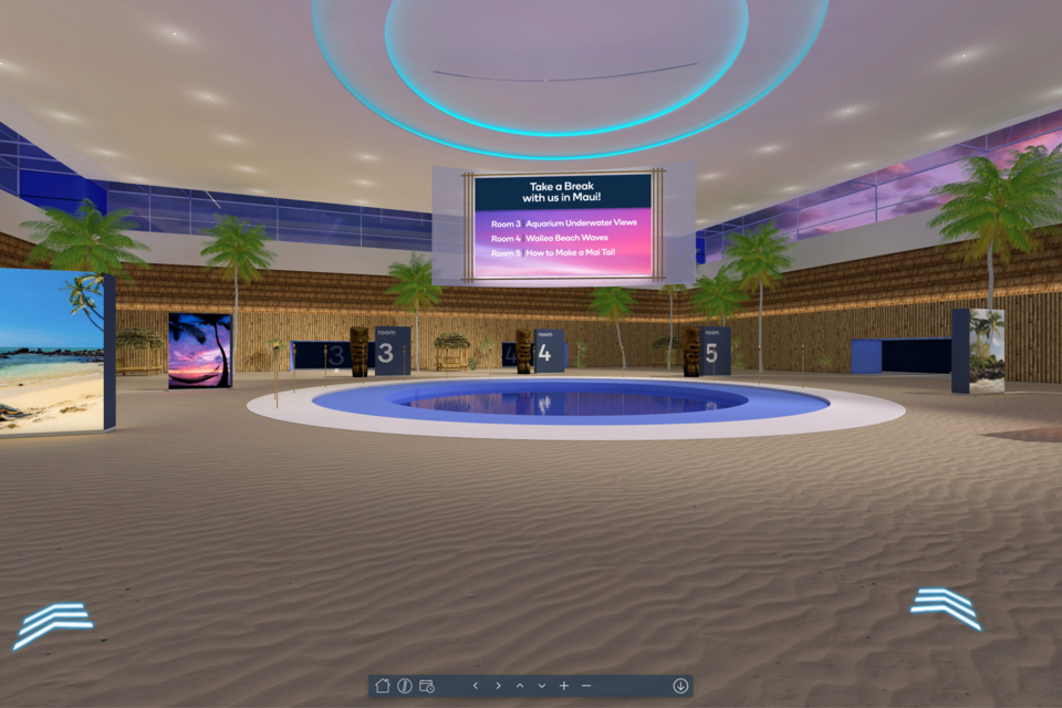 Virtual Qualcomm event room with arrows pointing to different event options