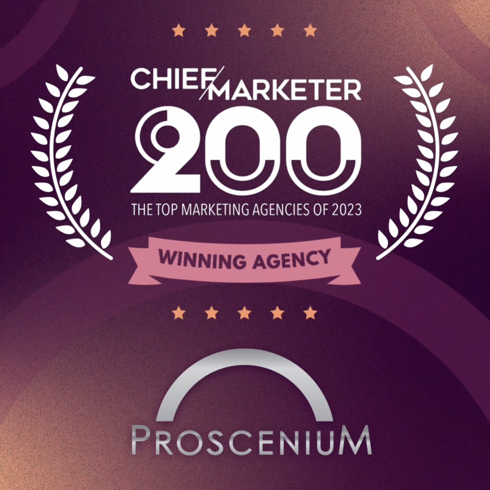 on-image text: chief marketer 200: the top marketing agencies of 2023 Winning Agency - Proscenium. On a plum background