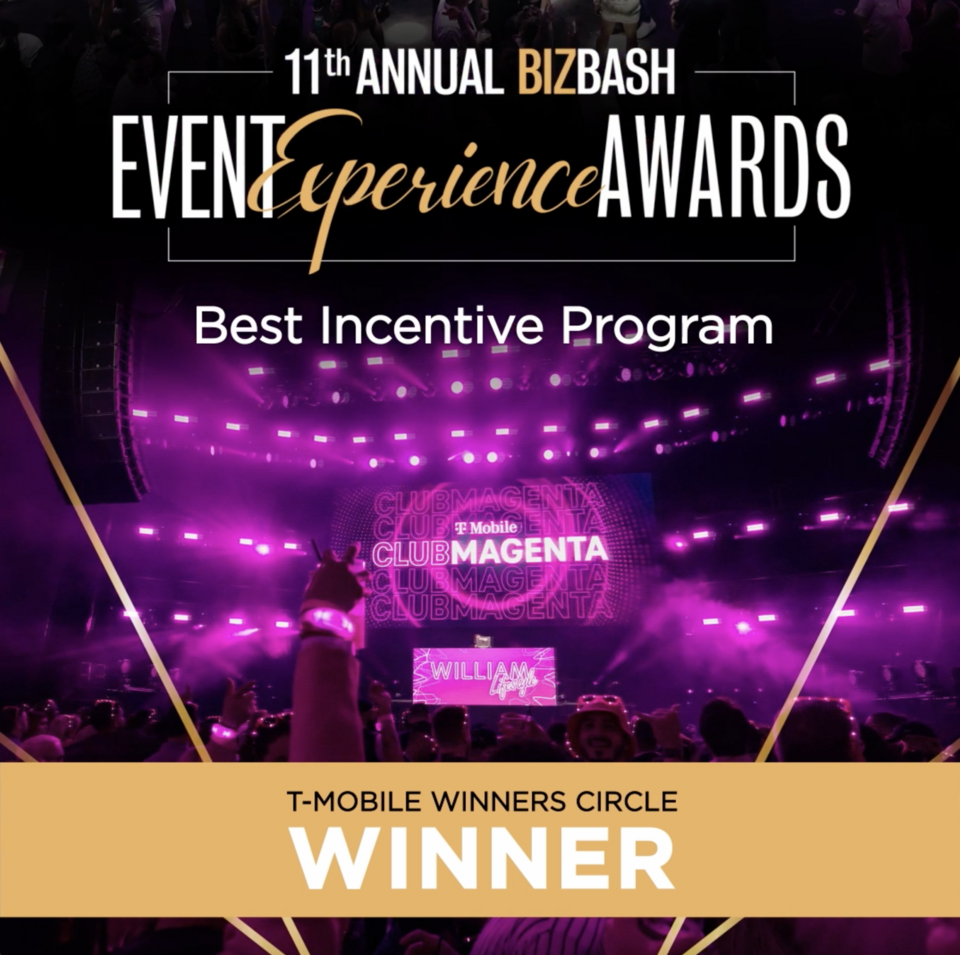 On-image text: 11th Annual BizBash Event experience Awards: best incentive program - T-Mobile Winners Circle Winner. Background photo is of T-Mobile Club Magenta with magenta lighting and guests in a night club