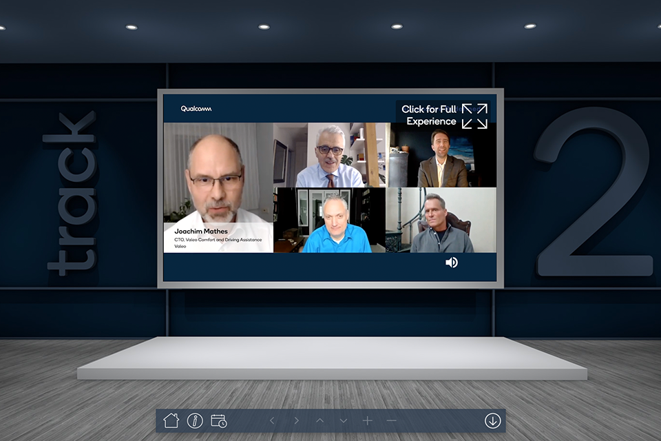 Photo from virtual Qualcomm event of interface and screen showing Joachim Mathes Hosting Virtual Meeting