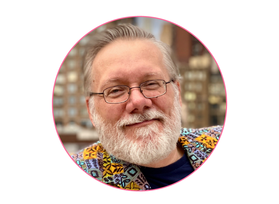Photo of man's headshot in pink circle