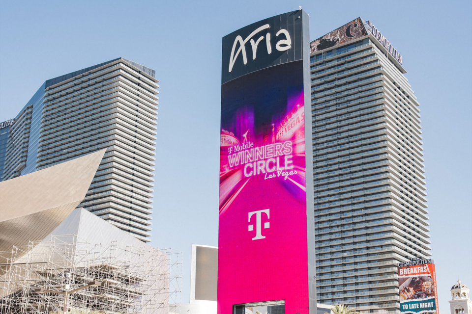 Exterior photo of T-Mobile Winners Circle Las Vegas LED signage outside of "Aria"